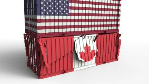 Container with flag of the USA breaks cargo container with flag of Canada. Trade Illustration