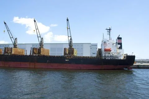 Container freight ship at dock in port. Foto stock