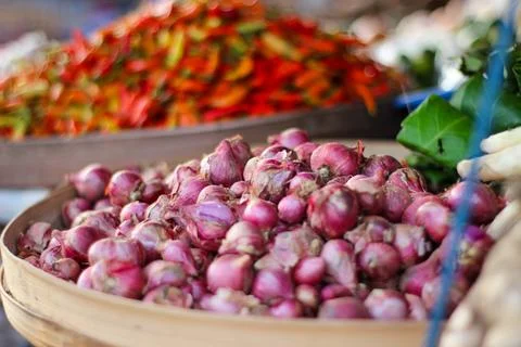 A container full of shallots Stock Photos