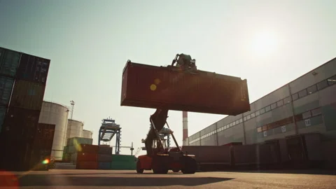 Container Handler and VFX Crane Machine Working in Terminal Video stock 147231282