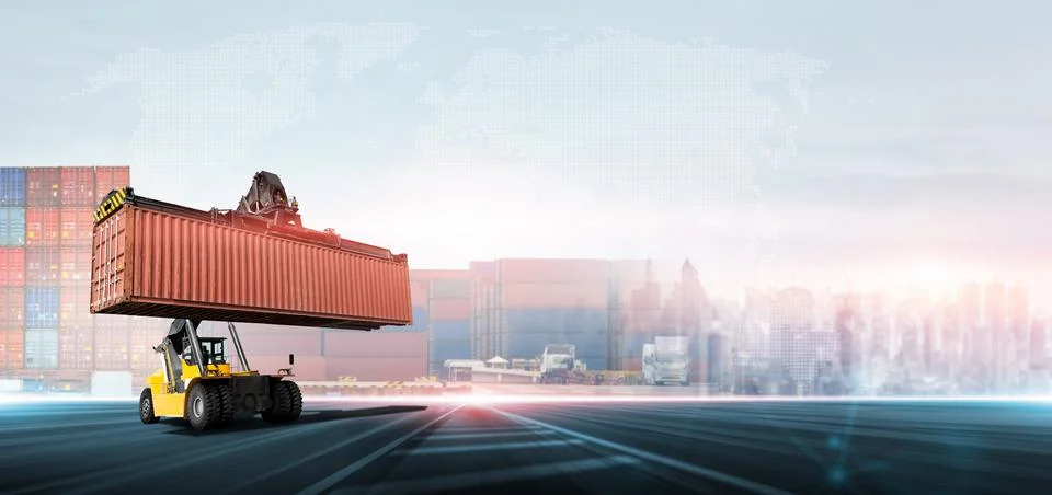 Container handler forklift lifting in shipping yard with stack of colorful .. Stock Photos