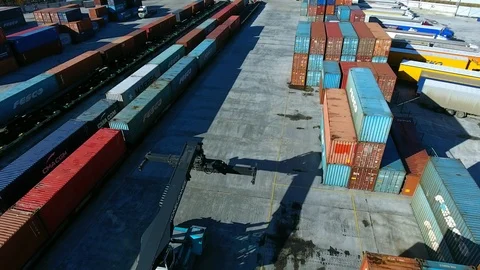 Container Handler loading move at a freight terminal. Aerial view 4k Video stock 97532982