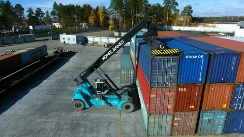 Container Handler loading move at a freight terminal. Aerial view 4k Video stock 97533191