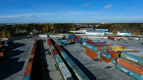 Container Handler loading move at a freight terminal. Aerial view 4k Video stock 97533289