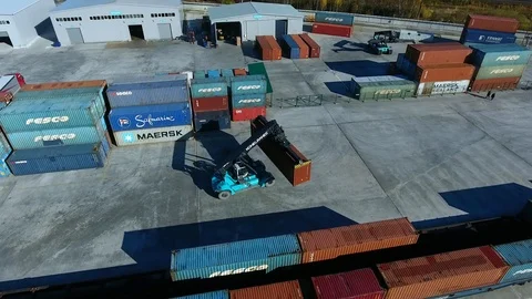 Container Handler loading move at a freight terminal. Aerial view 4k Video stock 97533346