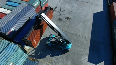Container Handler loading move  at a freight terminal. Aerial view 4k Video stock 97533353