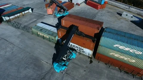 Container Handler loading move at a freight terminal. Aerial view 4k Video stock 97533460