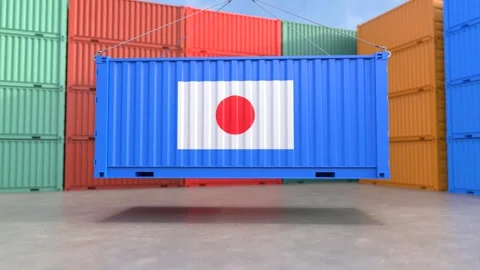 Container hanging with the Japan flag on the container Stock Footage 242683360