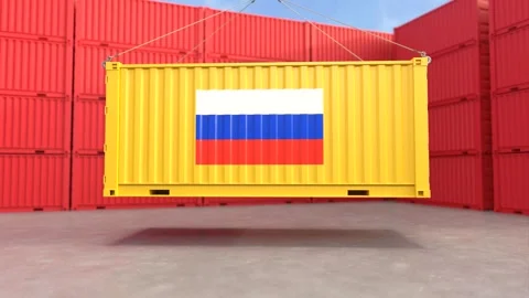 Container hanging with the Russia flag on the container Stock Footage 242684214