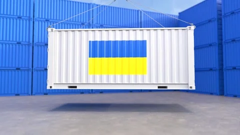 Container hanging with the Ukraine flag on the container Stock Footage 242684212