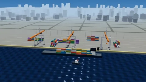Container harbor terminal at work with gantry cranes unloading a cargo ship as Stock Footage 341071399