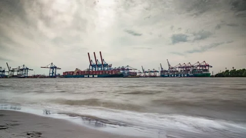 Container Harbour Hamburg Timelapse Beach Vídeos de archivo 166556793