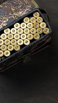 Container holds many rounds of ammunition on a black surface in a simple setting Foto stock