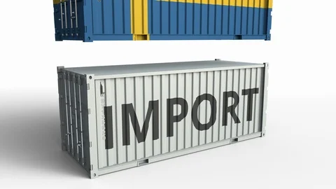 Container with IMPORT text being crashed with container with flag of Sweden Stock Footage 103536282
