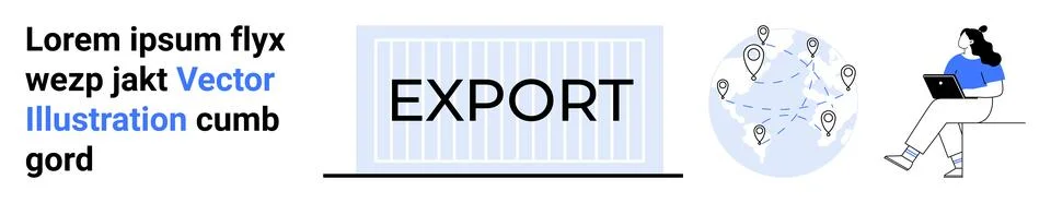 Container labeled EXPORT, globe with connected location pins, woman with lapt Illustrazione stock