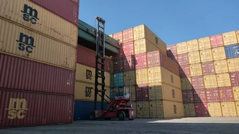 Container-A large depot where containers are stacked high Stock Footage 312023067
