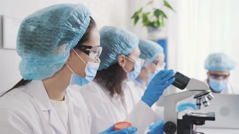 Container with liquid in the hands of a laboratory assistant Stock Footage 230457666