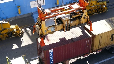 Container loading in a Cargo freight ship 4k intro video for business Stock Footage 93113114