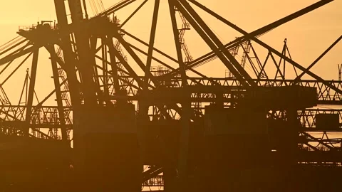 Container loading cranes hard at work in golden sunset Video stock 253922913