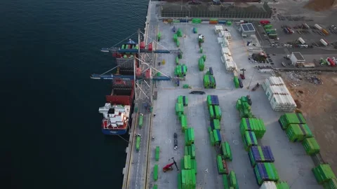 Container loading dock, aerial view, moving trucks. Stock Footage 344054796
