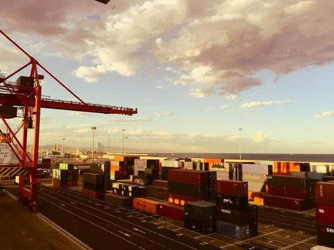 Container logistical freight cargo ships in barcelona spain europe in summer Stock Photos