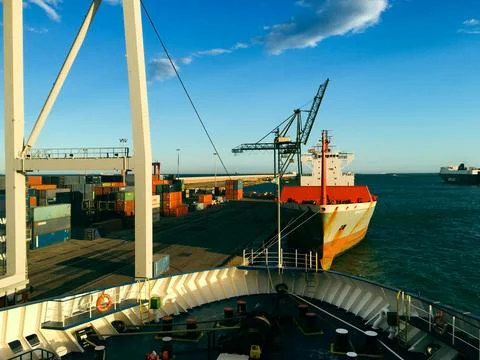 Container logistical freight cargo ships in barcelona spain europe in summer Stock Photos