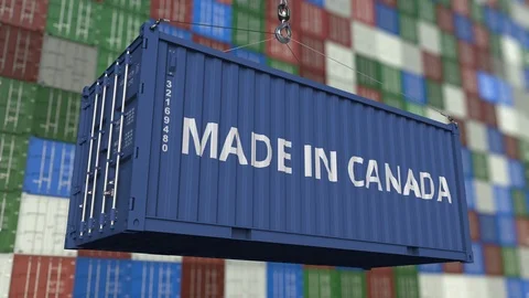 Container with MADE IN CANADA caption. Canadian import or export related Stock Footage 94971756