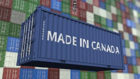 Container with MADE IN CANADA caption. Canadian import or export related 3D Illustrazione stock