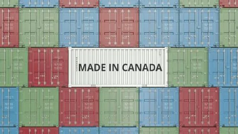 Container with MADE IN CANADA text. Canadian import or export related 3D Illustrazione stock