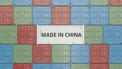 Container with MADE IN CHINA text. Chinese import or export related 3D animation Video stock 104887273