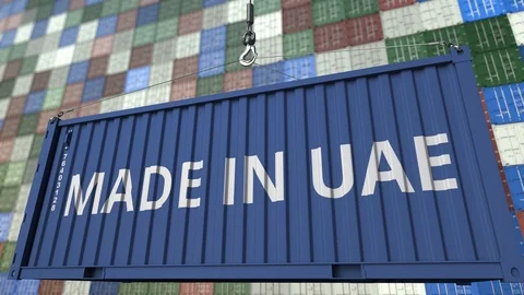 Container with MADE IN UAE caption. United Arab Emirates import or export Stock Footage 95093657