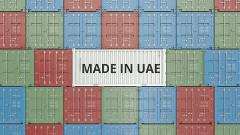 Container with MADE IN UAE text. United Arab Emirates import or export related Stock Footage 104881401