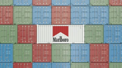 Container with Marlboro logo. Editorial 3D animation Stock Footage 105164972