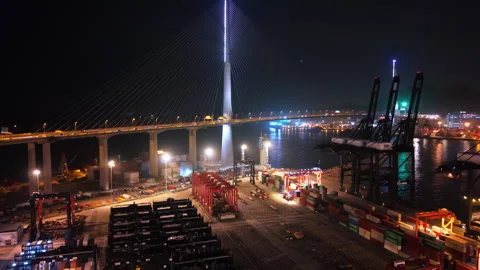Container Operations Continue at Night in Hong Kong Harbor, with Cranes Stock Footage 312858043