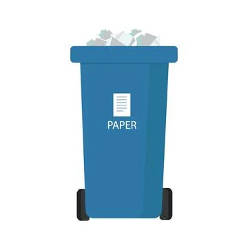 A container with paper garbage in blue on a white background Illustrazione stock