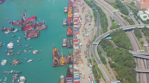 Container port: aerial time-lapse of ships on blue sea in Hong Kong docks Stock Footage 63913053