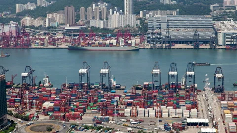 Container port cranes operate in large Hong Kong harbour Video stock 118635011
