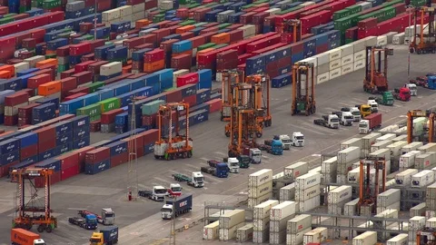 Container Port docks ship commercial shipping freight cargo. Barcelona, Spain. Stock Footage