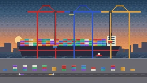 Container port with gantry cranes loading cargo ship and trucks at sunset Vídeos de archivo 348648356