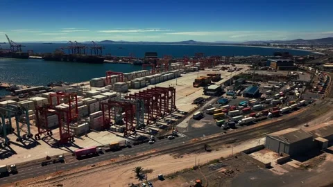 Container port operations at Cape Town harbour aerial view Stock Footage 332299932