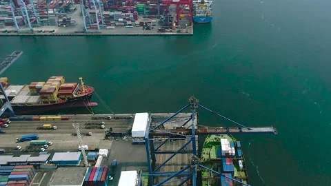 Container Port Terminal, Container Ship Loading Cargo at Port Terminal Stock Footage 152913905