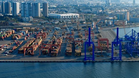 Container port terminal with crane bridge Stock Footage 293200856