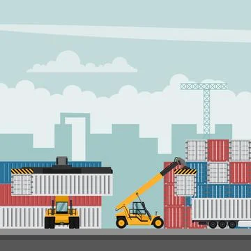 Container port terminal design for export. Container trucks working 库存插图
