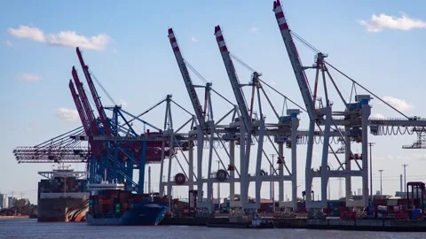 Container Port Timelapse Featuring Hamburg Cranes and Cloudy Skies Stock Footage 308169708