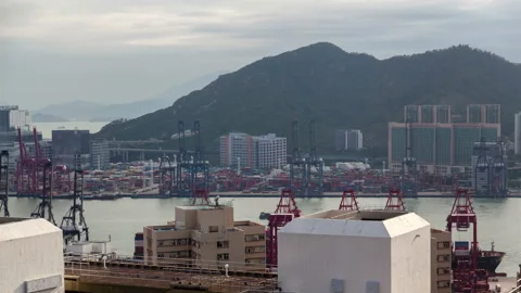 Container port wide river between Hong Kong industrial districts Stock Footage 118633021