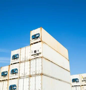 Container Reefer Export Logistic Crane Forklift Port Blue Sky Background Stock Photos