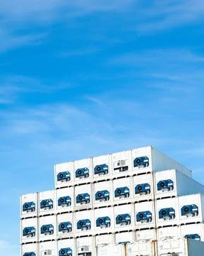 Container reefer export logistic crane forklift port blue sky background Stock Photos