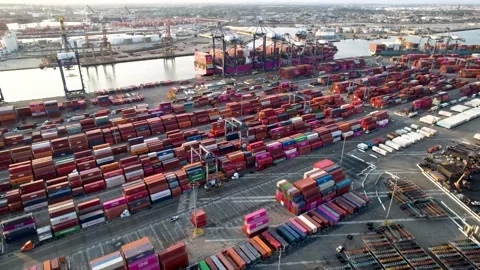 Container Rows, Cranes and Cargo Ships, Port Aerial Pass, 4K Stock Footage 160313379