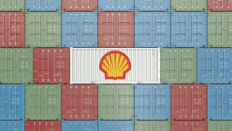 Container with Royal Dutch Shell corporate logo. Editorial 3D animation Stock Footage 105058364