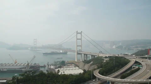 Container Ship Across the Tsing Ma Bridge Stock Footage 924290